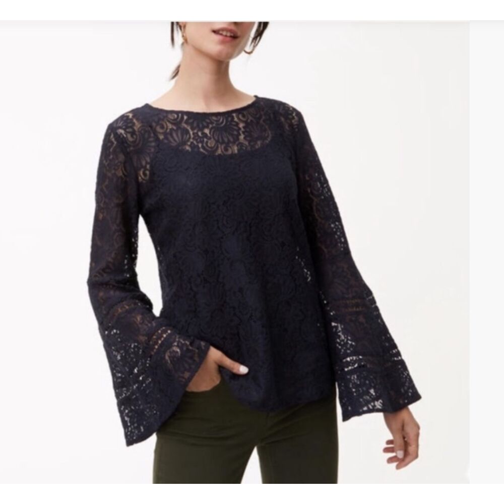 Loft Navy Blue Lace Bell Sleeve Top, size M